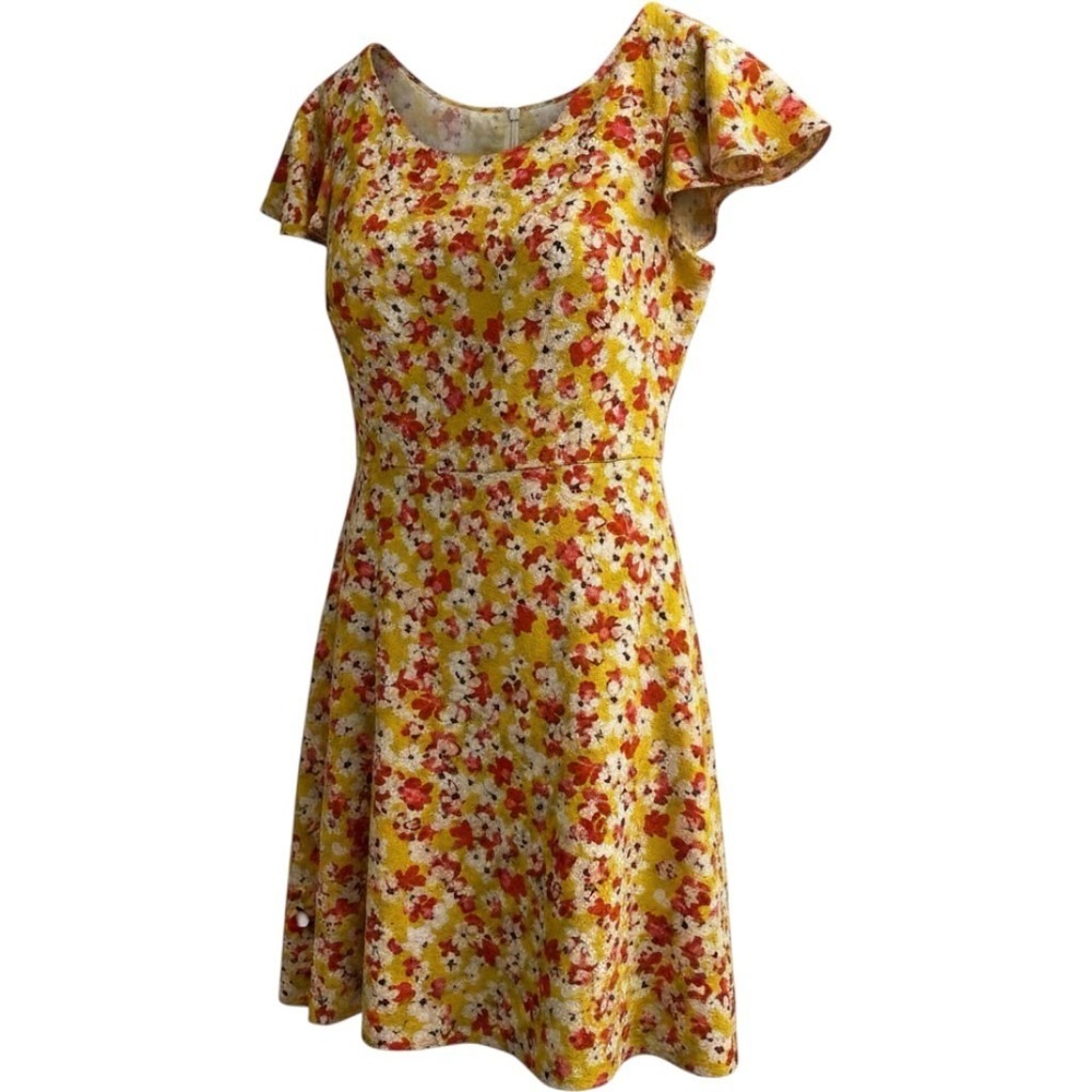 London Times Dress Yellow Floral Chiffon A Line Ruffle Sleeve 8 Cottagecore